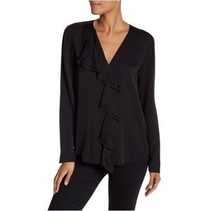 NWT Theory Jastrid Long Sleeve Silk Ruffle V-Neck Blouse Shirt Top Black Small